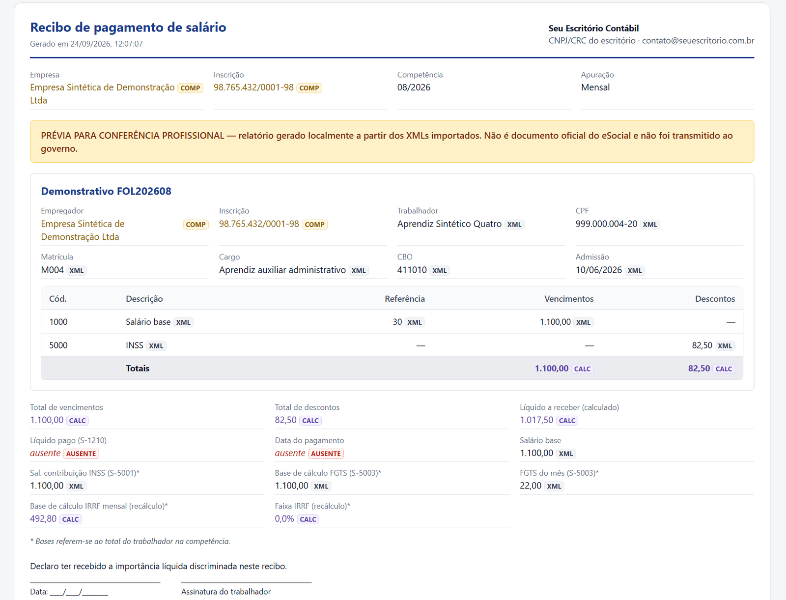 Prévia de recibo de pagamento com selos de origem