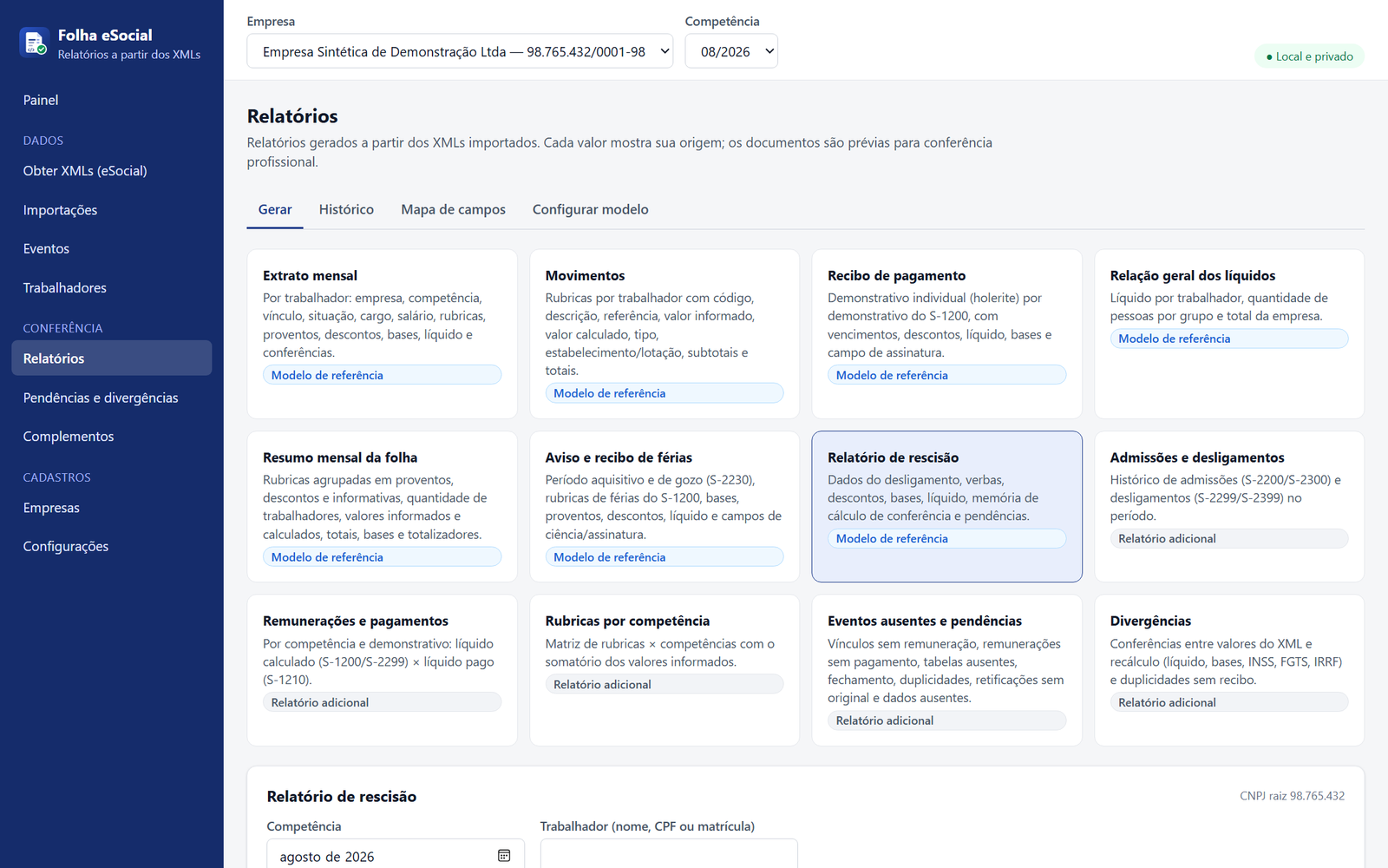Tela de relatórios com os doze modelos disponíveis